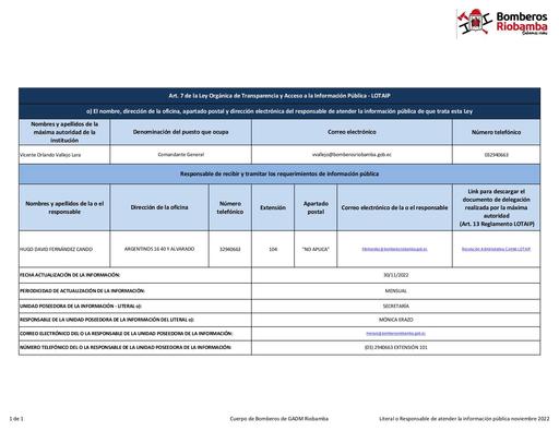 Literal o Responsable de atender la información pública